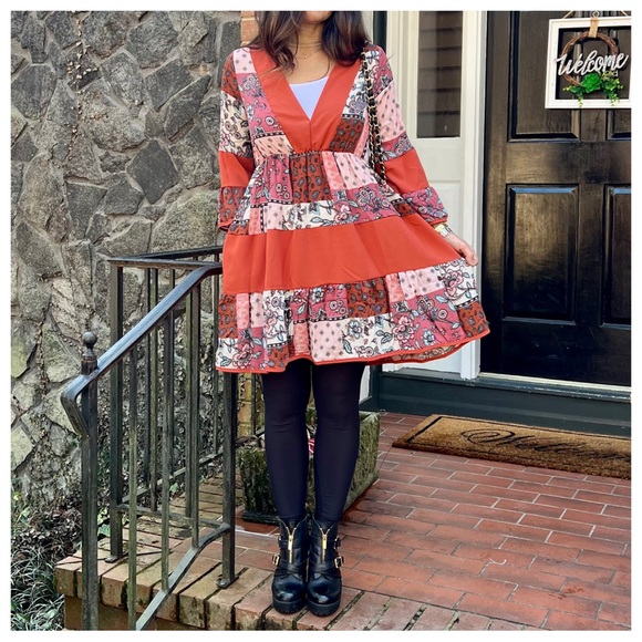 #48 Boho Chic Patchwork Contrast Dress - Picture 2 of 9